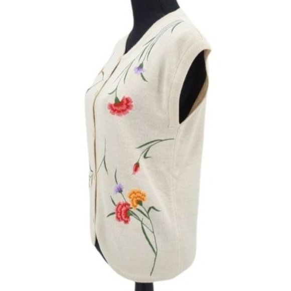 VTG 70s Leroy Ivory Floral Embroidered Sleeveless Button Front Sweater Vest M - Picture 8 of 11